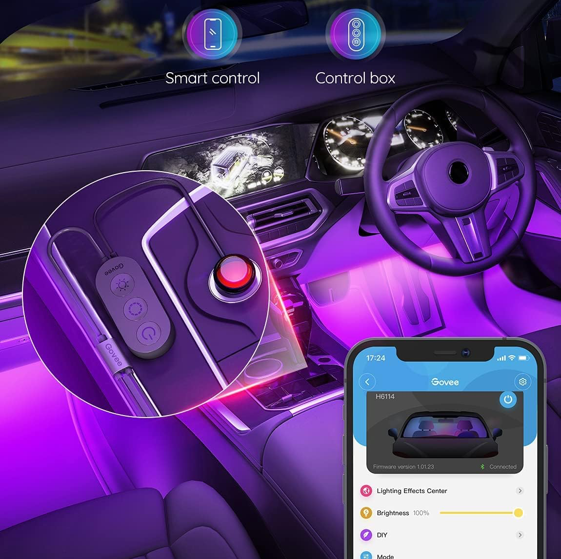 LED Interior Light Kit 4pc Over 16 Million Colors Control By Smart Phone App Plug & Play